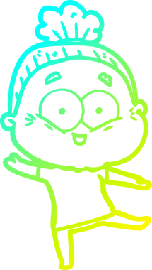 Bir insan tarafından çizilmiş, mutlu, yaşlı bir kadının çizimi.