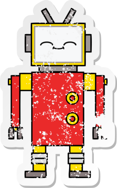 Bir insan tarafından çizilmiş sevimli bir robot çizgi film çıkartması.