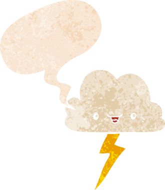 Bir insan tarafından çizilmiş grunge sıkıntılı retro desenli konuşma baloncuklu çizgi film fırtına bulutu