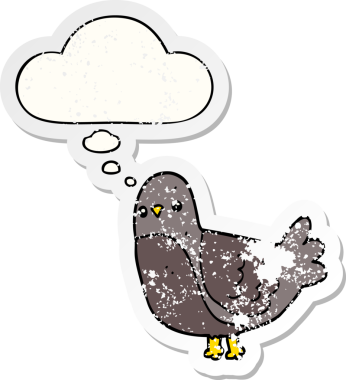 Düşünce baloncuğu olan çizgi film kuşu insan tarafından çizilmiş yıpranmış bir çıkartma gibi.