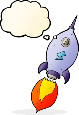 Bir insan tarafından çizilmiş düşünce baloncuklu bir uzay gemisi.