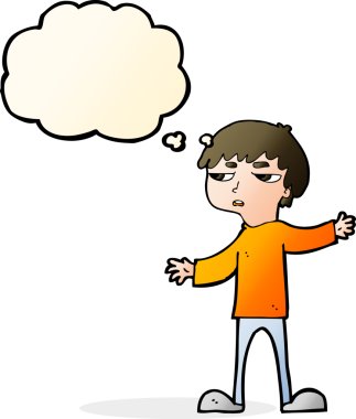 Bir insan tarafından çizilen düşünce baloncuğuyla sinirlenmiş bir çocuk.