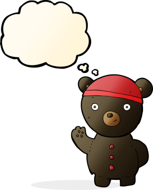 Bir insan tarafından çizilmiş düşünce baloncuğu olan siyah ayı yavrusu.