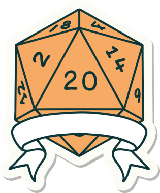 Bir insan tarafından çizilmiş 20 kritik vuruşluk D20 zar etiketi.