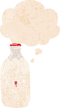 Hoş bir çizgi film süt şişesi. Düşünce baloncuğu ve grunge dertli eski moda bir insan tarafından çizilmiş.