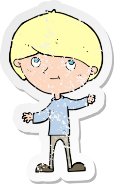 Bir insan tarafından çizilen mutlu çocuk çizgi filminin kederli retro yapıştırması.