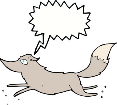 Bir insan tarafından çizilmiş konuşma balonuyla koşan çizgi film kurdu.