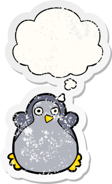 Düşünce baloncuğu olan karikatür pengueni insan tarafından çizilmiş yıpranmış bir çıkartma.