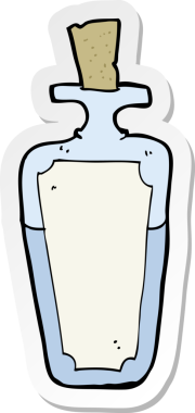 Bir insan tarafından çizilmiş karikatür iksir şişesinin etiketi.