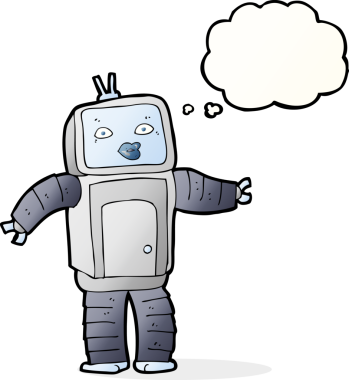 Bir insan tarafından çizilmiş düşünce baloncuklu komik robot.