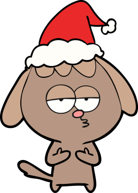 Bir insan tarafından çizilmiş Noel Baba şapkası takan sıkılmış bir köpeğin el çizimi.