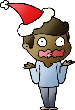 Bir insanın çizdiği Noel Baba şapkasıyla strese girmiş bir adamın el çizimi karikatürü.