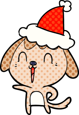 Bir insan tarafından çizilmiş Noel Baba şapkası takan bir köpeğin çizdiği çizgi roman çizimi.