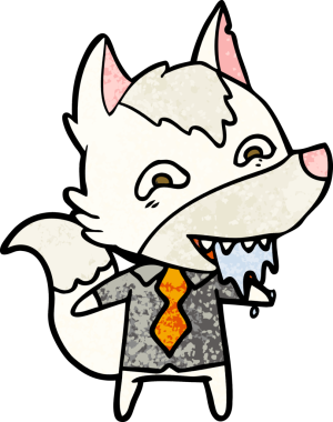 Bir insan tarafından çizilmiş ofis kıyafetleri içinde aç kurt çizgi filmi.