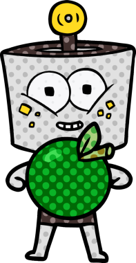 Bir insan tarafından çizilmiş elmalı mutlu çizgi film robotu