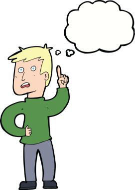 Bir insan tarafından çizilmiş düşünce baloncuğu fikri olan çizgi film çocuğu.