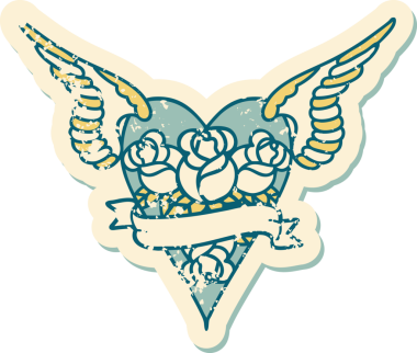 Bir insan tarafından çizilmiş çiçek ve pankartıyla uçan bir kalbin sembolik dövmeli resmi.