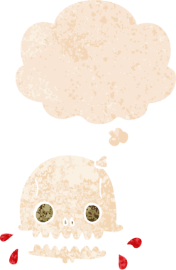 grunge 'da düşünce baloncuğu olan karikatürümsü kafatası, bir insan tarafından çizilmiş tedirgin geçmiş dokuma tarzı.