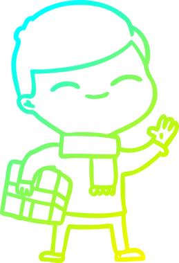 Bir insanın çizdiği hediyeyle gülümseyen bir çizgi film karakteri çizimi