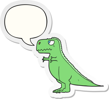 Bir insan tarafından çizilmiş konuşma balonu çıkartmalı karikatür dinozoru.