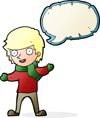 Bir insan tarafından çizilmiş konuşma baloncuğu olan kış kıyafetleri içindeki çizgi film çocuğu.