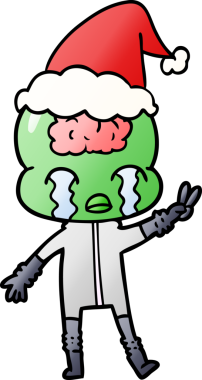 Büyük beyinli bir uzaylının el çizimi karikatürü. Ağlıyor ve Noel Baba şapkası takarak barış işareti yapıyor.