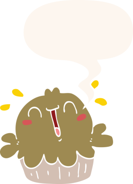 Bir insan tarafından çizilmiş, konuşma baloncuklu şirin bir çizgi film pastası.