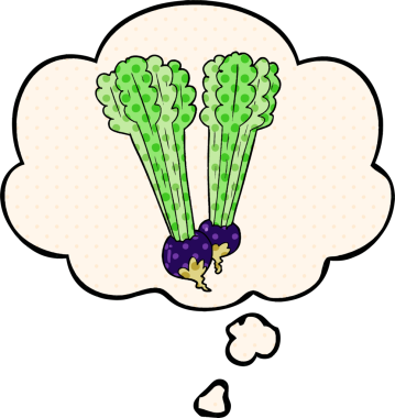 Çizgi roman tarzında bir insan tarafından çizilmiş düşünce baloncuklu pancar kökü.