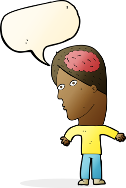 Bir insan tarafından çizilmiş konuşma balonlu beyin sembollü çizgi film adamı.