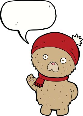 Bir insan tarafından çizilmiş konuşma baloncuğu eşarplı, kış şapkalı oyuncak ayı.