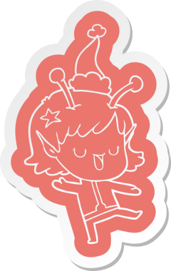 Mutlu uzaylı kız çizgi film çıkartması Noel Baba şapkası giyen bir insan tarafından çizilmiş.