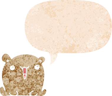 Bir insan tarafından çizilmiş grunge sıkıntılı retro biçimli konuşma baloncuğu ile sevimli çizgi film ayısı