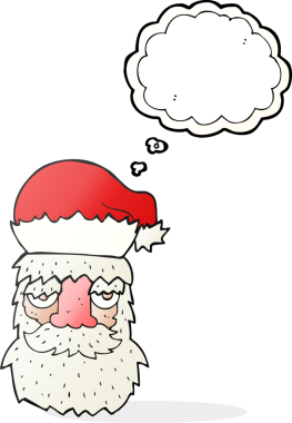 Serbest çizim düşünce balonu çizgi filmi. Bir insan tarafından çizilmiş yorgun Noel Baba yüzü.