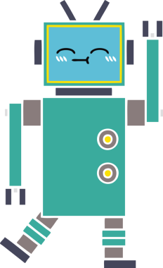 Bir insan tarafından çizilmiş mutlu bir robotun düz renkli retro karikatürü