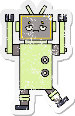 Bir insan tarafından çizilmiş sevimli bir robot çizgi film çıkartması.