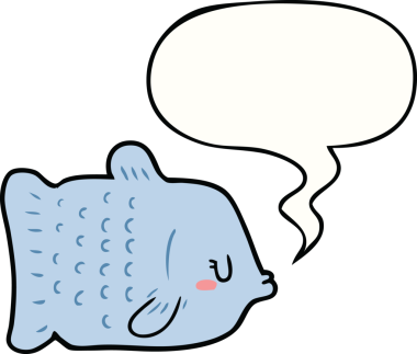 Bir insan tarafından çizilmiş konuşma balonlu çizgi film balığı.