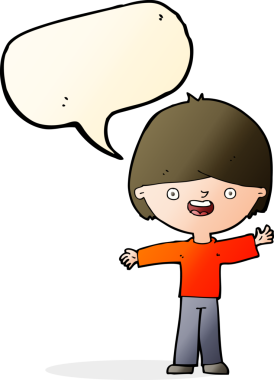 Bir insan tarafından çizilmiş konuşma balonu olan mutlu bir çocuk.