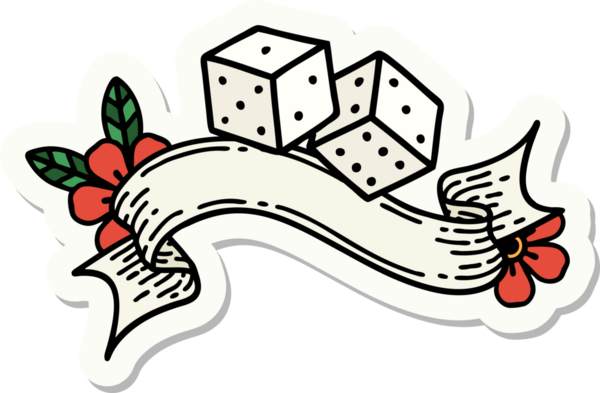 Bir insan tarafından çizilmiş şanslı zar sancağına sahip dövme stili çıkartması