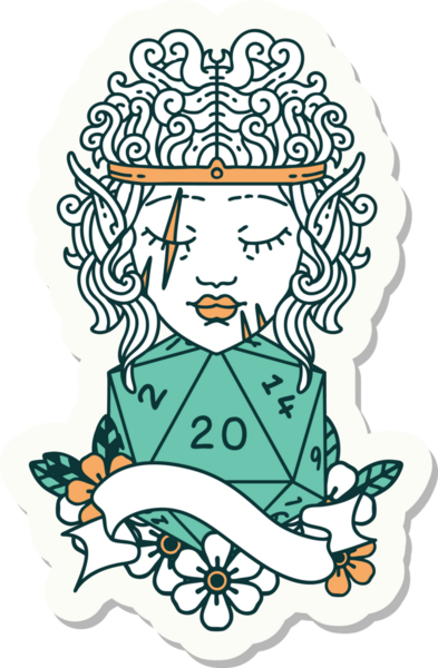 Bir insan tarafından çizilmiş doğal 20 zar atımlı barbar bir elf karakterinin çıkartması.