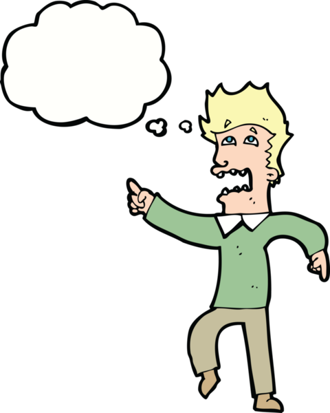 Bir insan tarafından çizilmiş düşünce baloncuğuyla işaret eden korkmuş bir çizgi film.