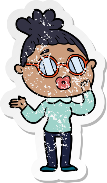 Bir insan tarafından çizilmiş gözlük takan karikatürlü bir kadının sıkıntılı çıkartması.