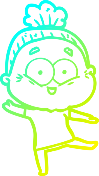 Bir insan tarafından çizilmiş, mutlu, yaşlı bir kadının çizimi.