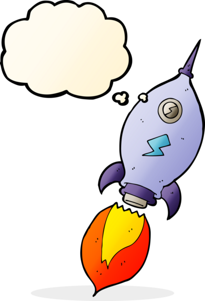 Bir insan tarafından çizilmiş düşünce baloncuklu bir uzay gemisi.