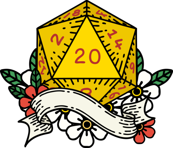 Retro Dövme Biçimi Doğal 20 D20 zar bir insan tarafından çizildi