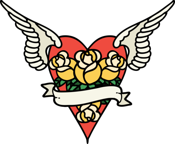 Geleneksel bir kalp dövmesi. Çiçekler ve bir insan tarafından çizilmiş bayrak.