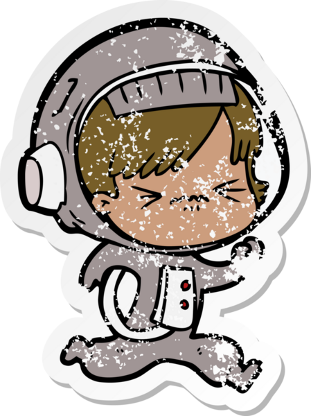 Bir insan tarafından çizilmiş karikatür astronot kadının sıkıntılı çıkartması.