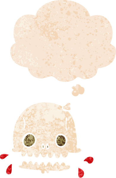 grunge 'da düşünce baloncuğu olan karikatürümsü kafatası, bir insan tarafından çizilmiş tedirgin geçmiş dokuma tarzı.