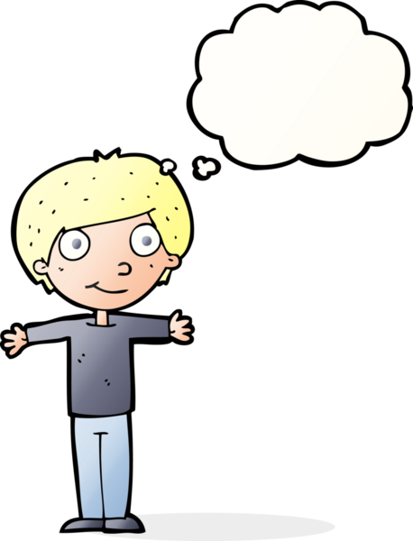 Bir insan tarafından çizilmiş düşünce baloncuğuyla kolları açık mutlu çocuk çizgi filmi.