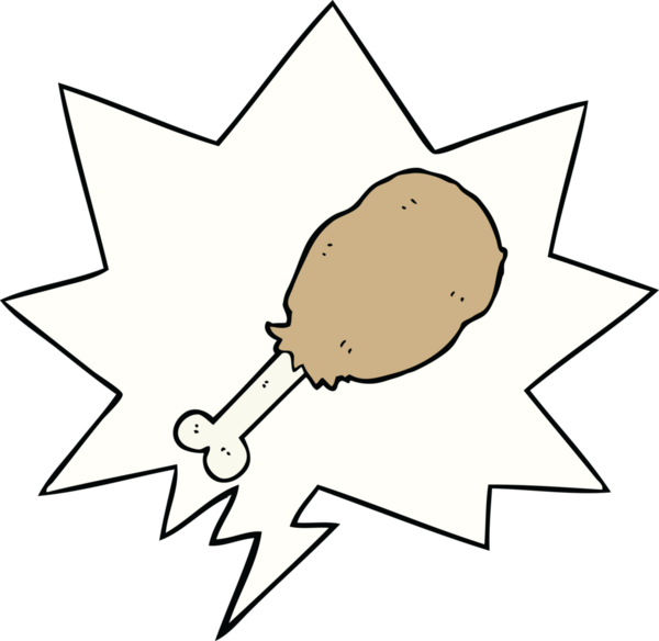 Bir insan tarafından çizilmiş konuşma balonlu tavuk budu.