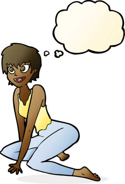 Bir insan tarafından çizilmiş düşünce baloncuğuyla yerde oturan mutlu çizgi film kadını.